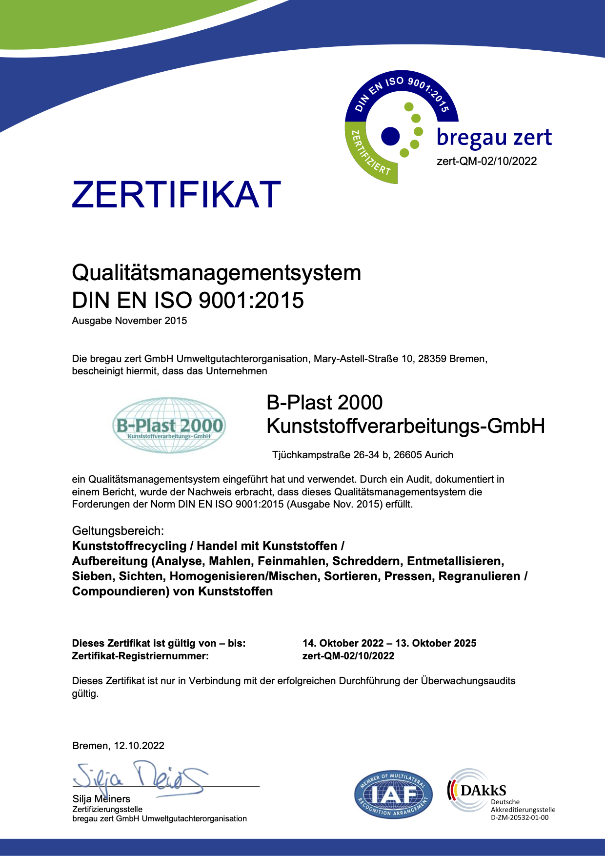 Zertifikat DIN EN ISO 140001:2015